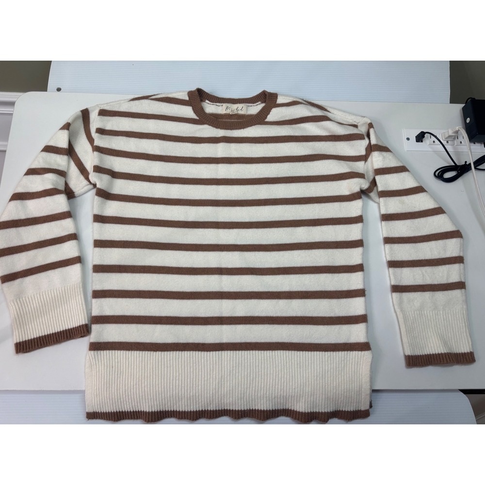 Marled Women Brown Cream Striped Crewneck Sweater Size M Knit